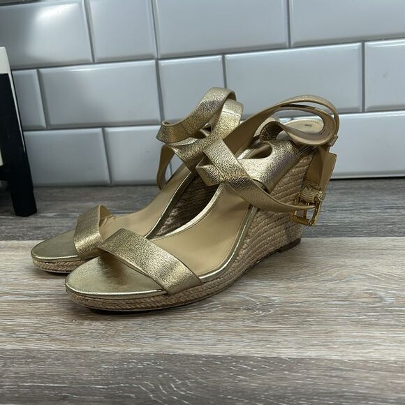 0327 Michael Michael Kors gold wedge sandals - Picture 3 of 7